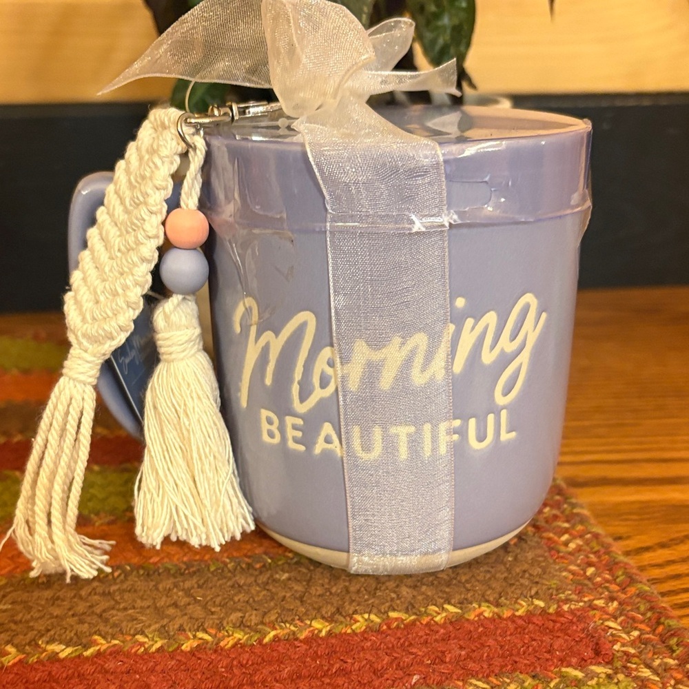 NWT Morning Beautiful Purple Mug by Sunday Morning Ceramics w/ Macrame Keychain